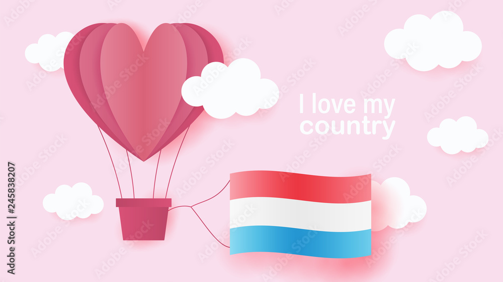 Hot air balloons in shape of heart flying in clouds with national flag of Luxembourg. Paper art and cut, origami style with love to Luxembourg