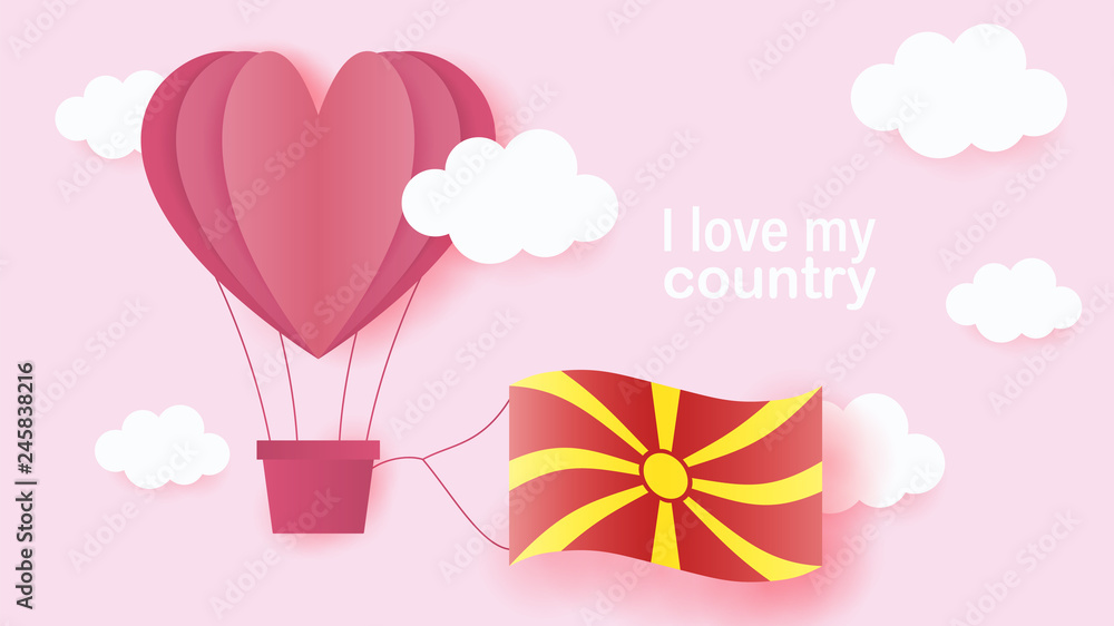 Hot air balloons in shape of heart flying in clouds with national flag of Macedonia. Paper art and cut, origami style with love to Macedonia