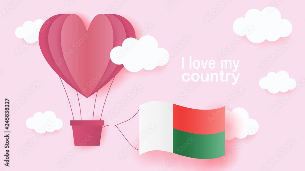 Hot air balloons in shape of heart flying in clouds with national flag of Madagascar. Paper art and cut, origami style with love to Madagascar Hot air balloons in shape of heart flying in clouds with national flag of Madagascar. Paper art and cut, origami style with love to Madagascar