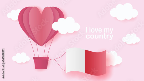 Hot air balloons in shape of heart flying in clouds with national flag of Malta. Paper art and cut, origami style with love to Malta