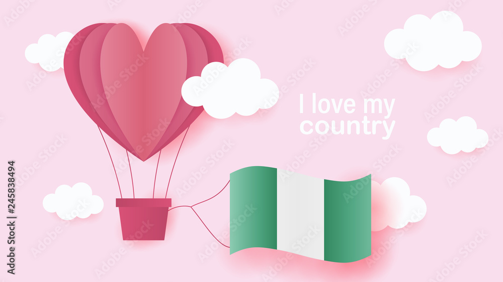 Hot air balloons in shape of heart flying in clouds with national flag of Nigeria. Paper art and cut, origami style with love to Nigeria Hot air balloons in shape of heart flying in clouds with national flag of Nigeria. Paper art and cut, origami style with love to Nigeria