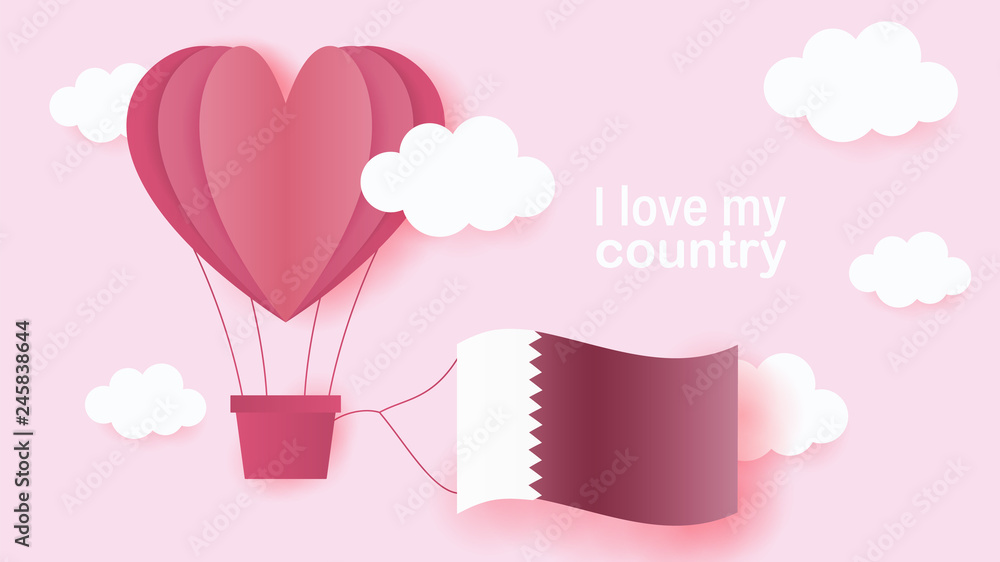 Hot air balloons in shape of heart flying in clouds with national flag of Qatar. Paper art and cut, origami style with love to Qatar