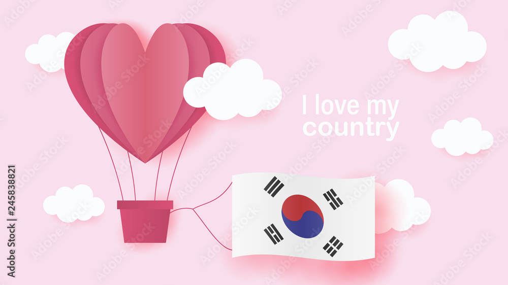 Hot air balloons in shape of heart flying in clouds with national flag of South Korea. Paper art and cut, origami style with love to South Korea