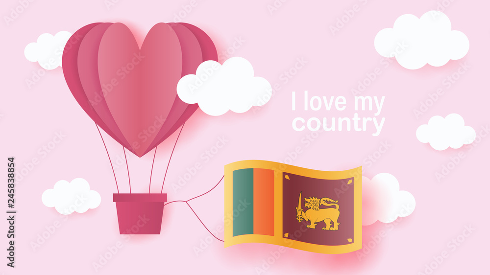 Hot air balloons in shape of heart flying in clouds with national flag of Sri Lanka. Paper art and cut, origami style with love to Sri Lanka