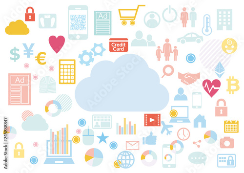 クラウドビジネスに紐づくビッグデータ-アイコンフラットデザイン白背景イラスト