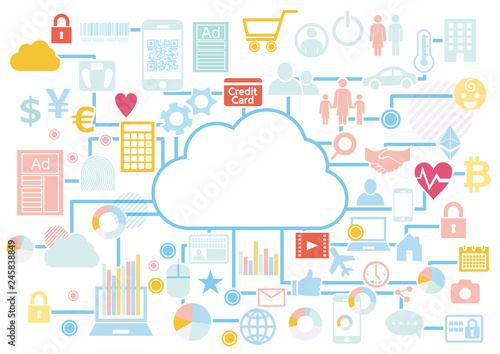 クラウドビジネスに紐づくビッグデータ-アイコンフラットデザイン白背景イラスト