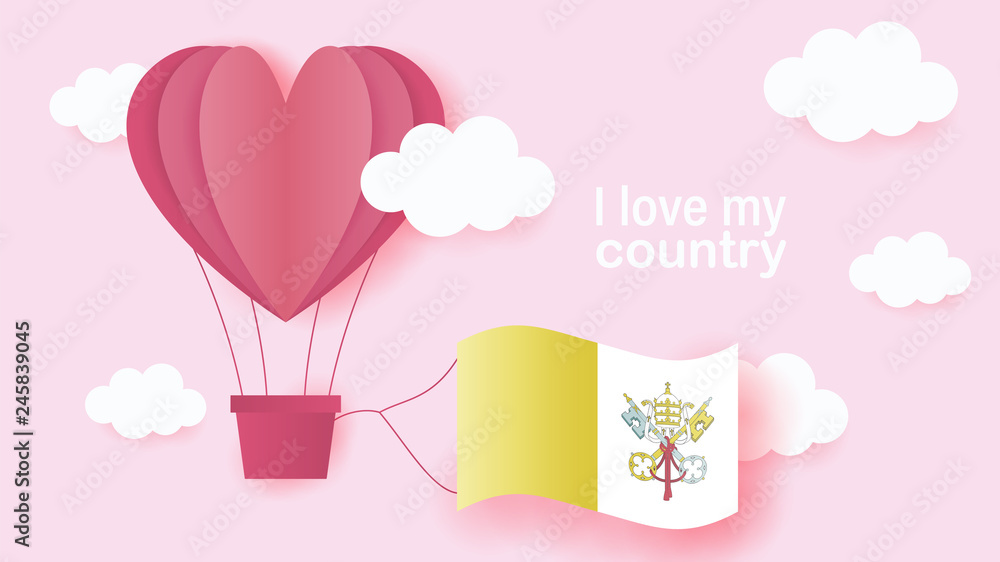 Hot air balloons in shape of heart flying in clouds with national flag of Vatican City. Paper art and cut, origami style with love to Vatican City