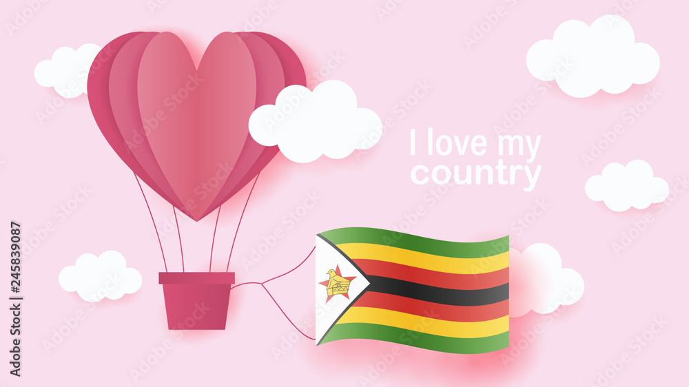 Hot air balloons in shape of heart flying in clouds with national flag of Zimbabwe. Paper art and cut, origami style with love to Zimbabwe