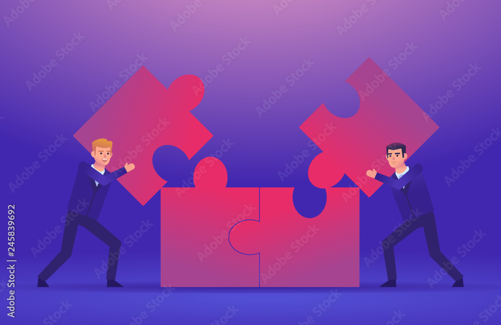 Fototapeta premium Two businessman combine big puzzle together. Teamwork, cooperation, partnership concept. Colorful design vector illustration