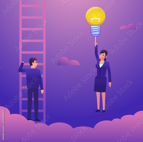 Businessman climbing on ladder to sky, woman flying on idea balloon. Business boost concept, startup, competition. Colorful design vector illustration