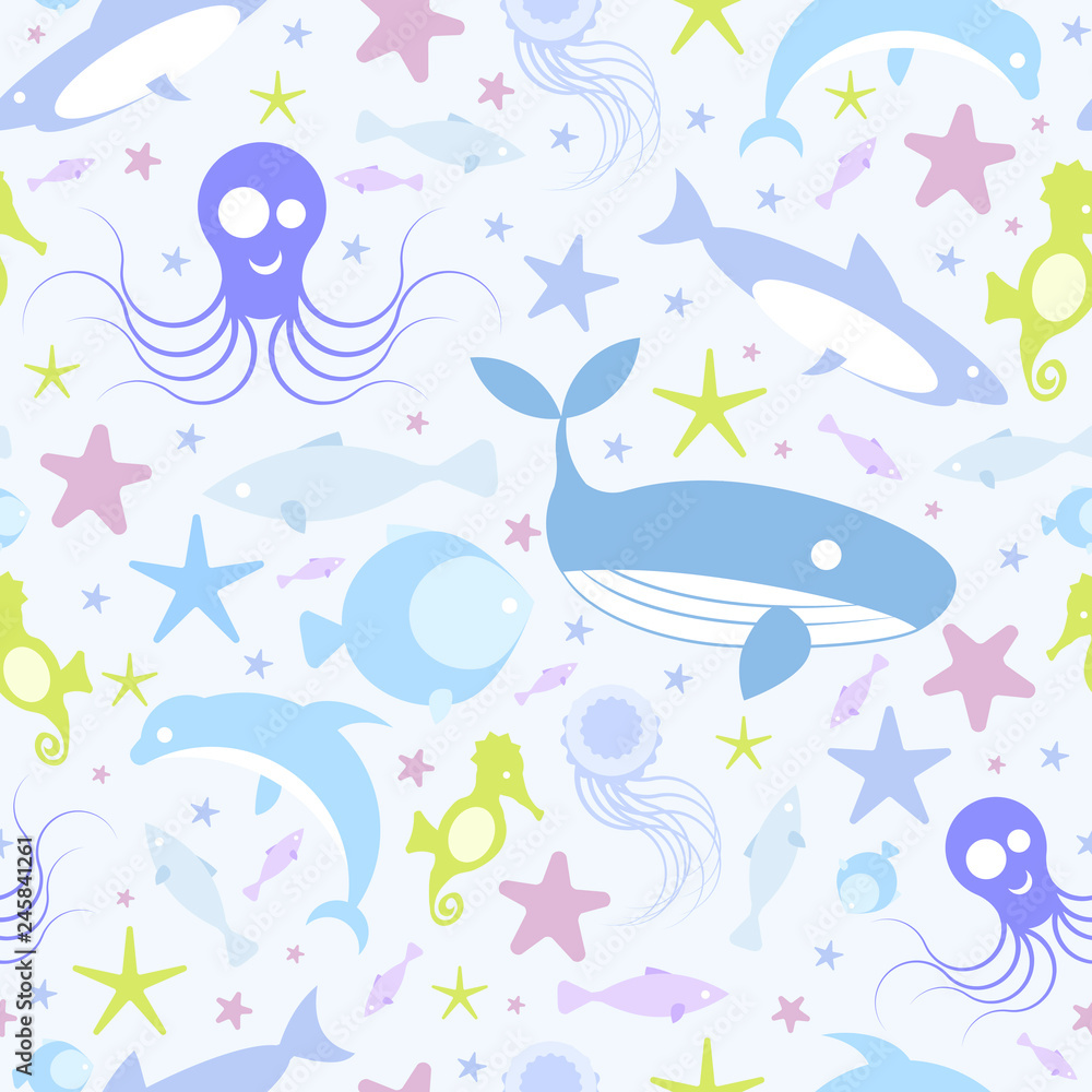 Obraz premium Seamless pattern of the ocean, sea, whales, sharks, dolphins, sea stars, jellyfish, seahorses and fish