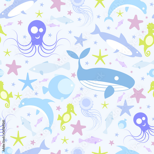 Seamless pattern of the ocean  sea  whales  sharks  dolphins  sea stars  jellyfish  seahorses and fish