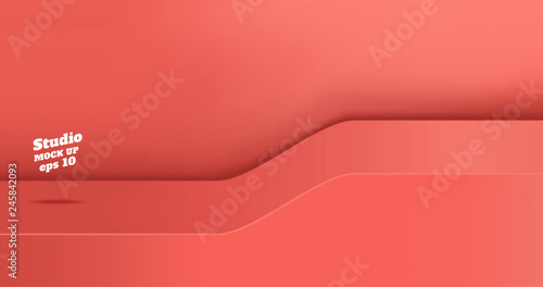 Vector,Empty vivid coral pink studio table with slope step room background ,product display with copy space for display of content design.Banner for advertise product on website.