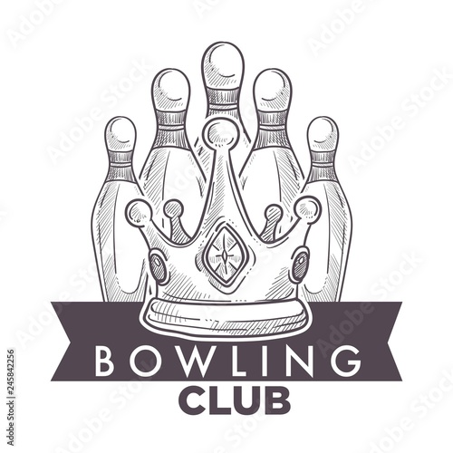 Slika na platnu Bowling league poster with ball and skittle monochrome sketch outline vector