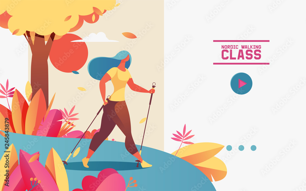 Vector horizontal web banner or landing page with young woman doing nordic walking. Illustration drawn with gradients, greenery and outdoor scene, template with text for healthy lifestyle and wellness - obrazy, fototapety, plakaty 