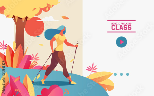 Vector horizontal web banner or landing page with young woman doing nordic walking. Illustration drawn with gradients, greenery and outdoor scene, template with text for healthy lifestyle and wellness