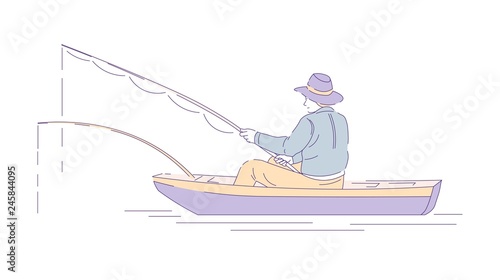 Fisherman in boat with rods fishing sport or hobby