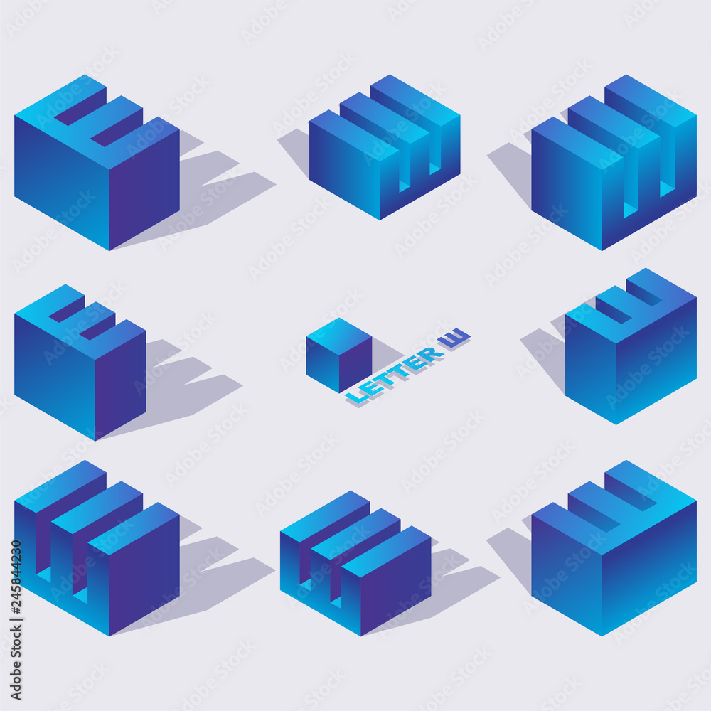 Cyrillic letter sha in isometric 3d views. Blue characters drawn with vivid gradients and shadows. Creative elements for logo or russian lettering Cyrillic letter sha in isometric 3d views. Blue characters drawn with vivid gradients and shadows. Creative elements for logo or russian lettering