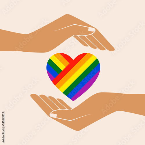 Hands with heart rainbow. LGBT heart. Love is love - pride slogan. Lgbt support, fight for gay rights. Isolated vector illustration.