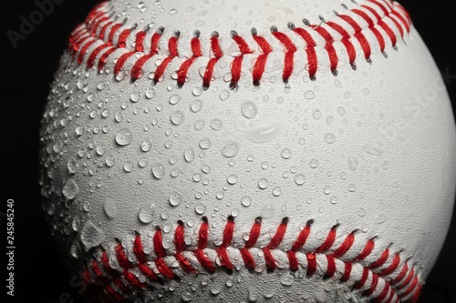 Photography Macro of baseball with water drops on black background