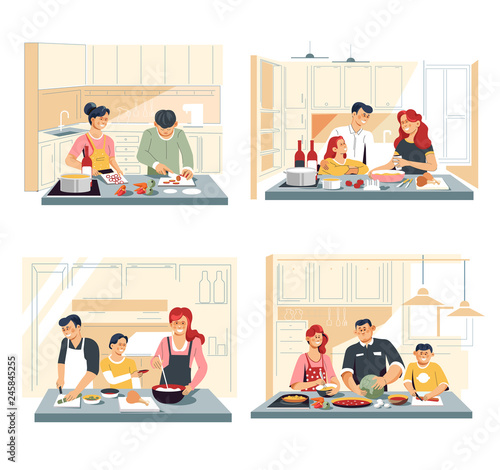 Family cooking food or dinner at home kitchen