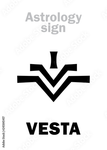 Astrology Alphabet: VESTA, asteroid #4, most bright in Asteroids belt. Hieroglyphics character sign (modern symbol: the fire on the hearth or altar).