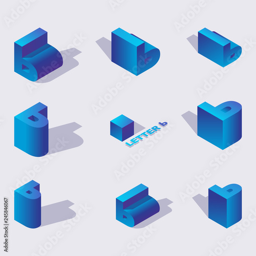 Vector set with 3d isometric russian letters soft sign or front yer in blue gradients. Various foreshortening and views for cyrillic typography or lettering