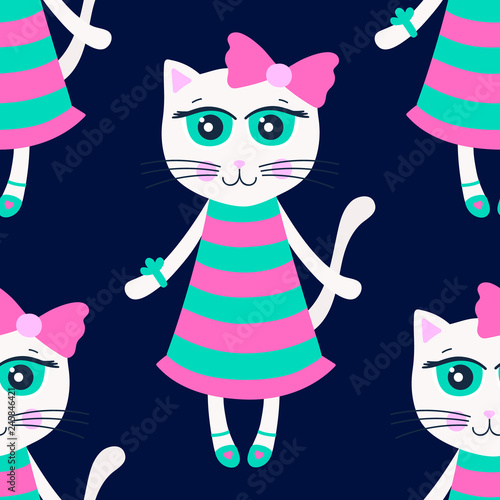 Cute kitty. Vector seamless pattern with cat girl in dress and shoes. Nice background for kids. Colorful elements on black backdrop. Illustration in flat style.