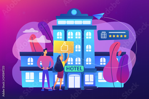 Business people with thumb up for modern trendy lifestyle hotel. Lifestyle hotel, modern hospitality trend, cutting-edge hotel concept. Bright vibrant violet vector isolated illustration