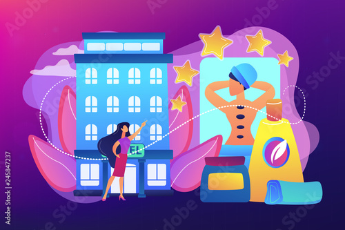 Business woman giving rating stars to hotel with spa and bodywork. Wellness and spa hotel, enjoyable lifestyle, massage and bodywork service concept. Bright vibrant violet vector isolated illustration