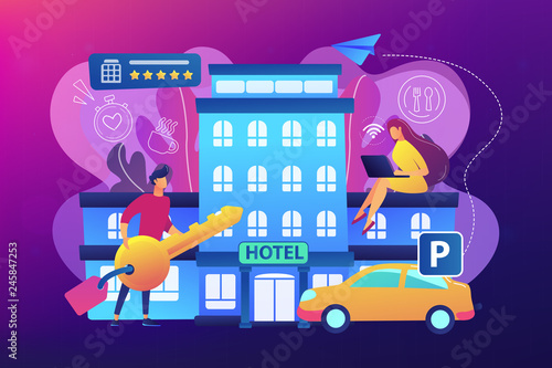 Business people at hotel use all included services, lodgings and wifi. All-inclusive hotel, luxury hospitality resort, all included service concept. Bright vibrant violet vector isolated illustration