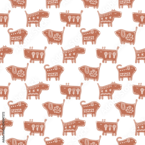 Vector seamless pattern with gingerbread dogs. Cute New Year background with cookie puppy. Illustration in flat style with doodle ornament.
