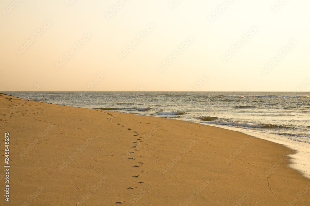 footprints on the yellow sand against the background of the ocean under a clear gray sky
