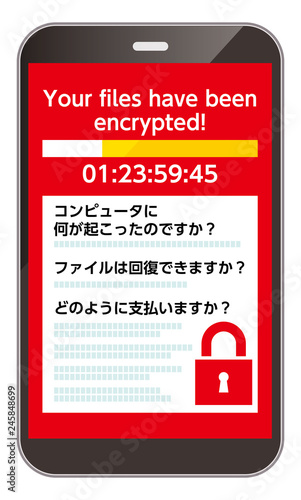 ランサムウェアウイルスに感染した画面を表示するスマホ
