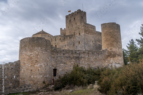 Winter view of medieval partially restored Romanesque Loarre castle near Huesca in Aragon region Spain with round towers, donjon, on top of a high rock