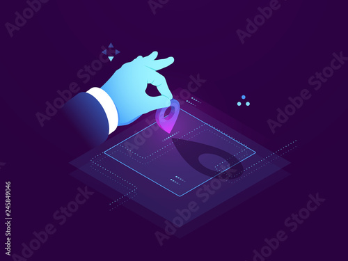 Set route, address destination, GPS navigator pin blue color map, set a mark on map isometric view, flat vector illustration dark