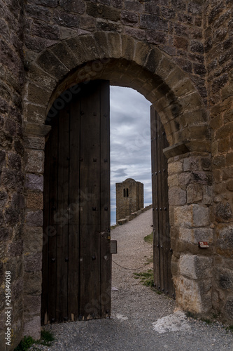 Winter view of medieval partially restored Romanesque Loarre castle near Huesca in Aragon region Spain with round towers  donjon  on top of a high rock