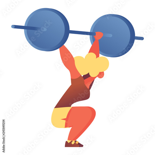 Flat character with barbell lifting it over head. Isolated on white vector illustration good for bodybuilders, gym and weight training design