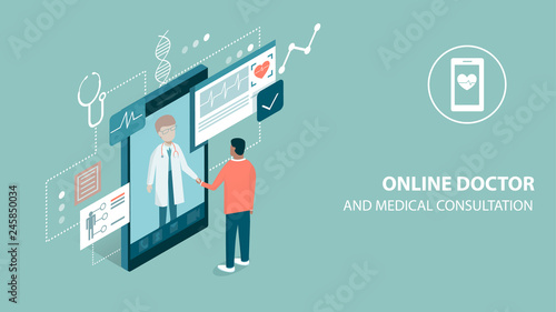 Patient meeting a professional doctor online on a smartphone and shaking hands, online medical consultation concept