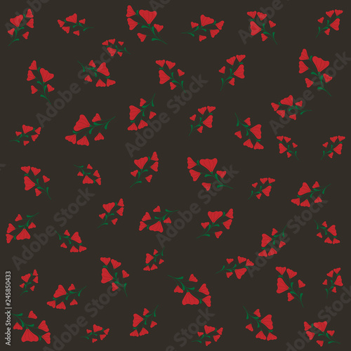 Cute botanics vector pattern with red flower and green leaf on dark gray or black background in minimal vintage abstract style look sweet for wallpaper and all design. Environment and plants concept.
