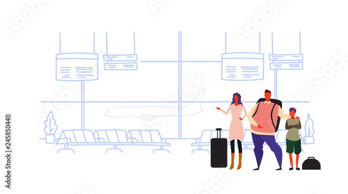 family travelers passengers in airport at waiting hall departure lounge interior father mother and son standing together with baggage sketch doodle horizontal vector illustration