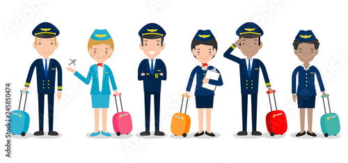 pilot and stewardess. set of officers and flight attendants Stewardesses  isolated on white background, pilot and air hostess Vector Illustration.