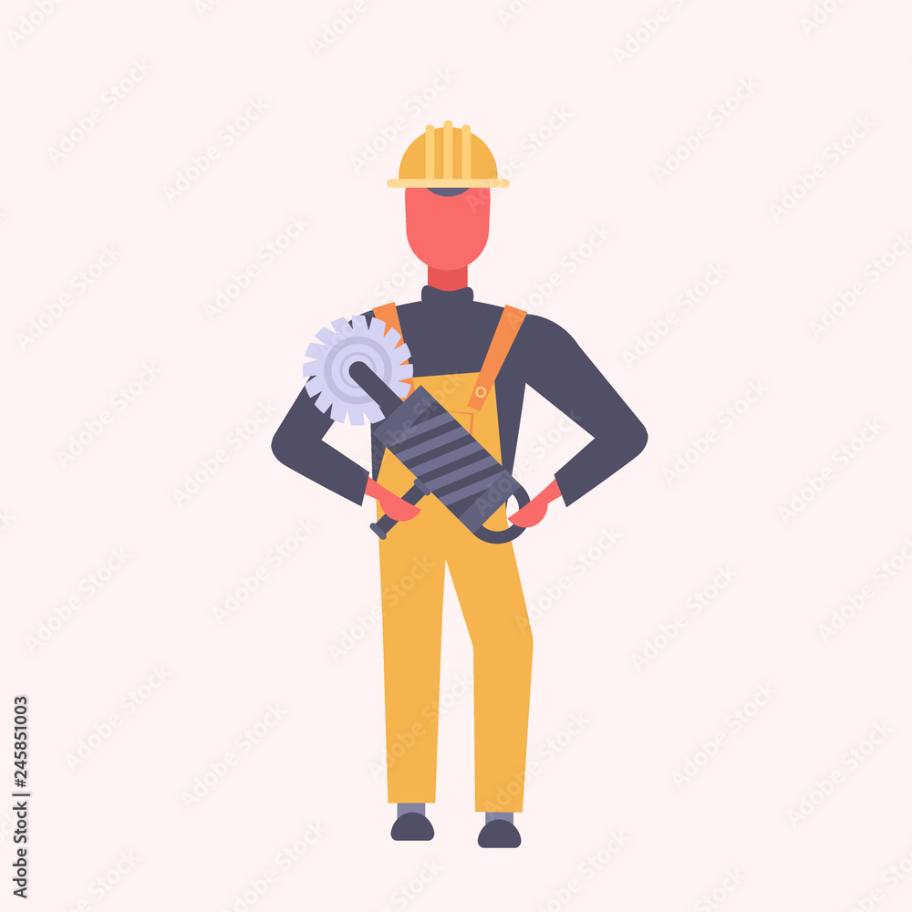 young construction worker holding handheld circular saw tradesman in yellow uniform and helmet male cartoon character full length flat