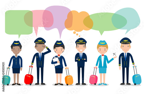 pilot and stewardess with speech bubbles. set of officers and flight attendants Stewardesses with speech bubbles isolated on white background, pilot and air hostess.Vector illustration