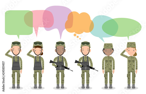 set of soldiers with speech bubbles. men and women. flat cartoon character design isolated on white background. US Army with speech bubbles, soldiers Isolated vector illustration.