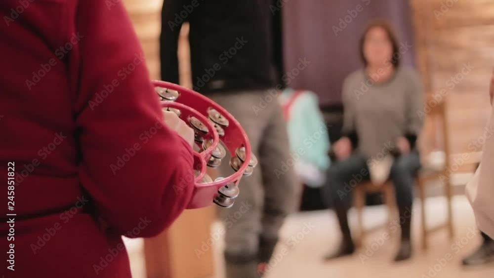 Elderly class of tambourine and drums Elderly class of tambourine and drums