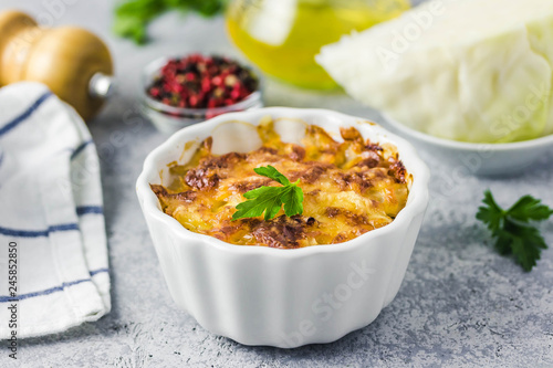 Vegetarian healthy cabbage and mushroom casserole. Selective focus, space for text.