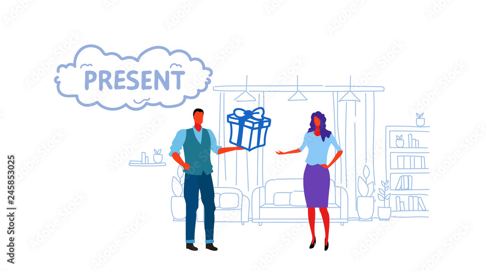 man giving wrapper box present to woman holiday celebration surprise concept happy couple in love modern apartment living room interior sketch doodle horizontal full length man giving wrapper box present to woman holiday celebration surprise concept happy couple in love modern apartment living room interior sketch doodle horizontal full length