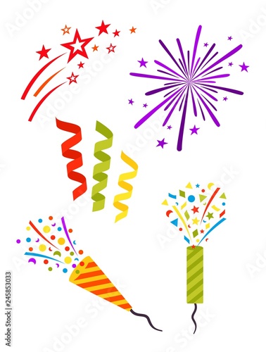 Party set. Complimentary explosion, confetti and streamers, fireworks. Conic confetti party popper. Decorative elements for celebration design.