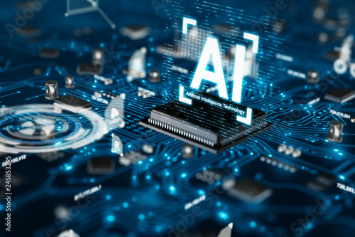 3D render AI artificial intelligence technology CPU central processor unit chipset on the printed circuit board for electronic and technology concept select focus shallow depth of field photo